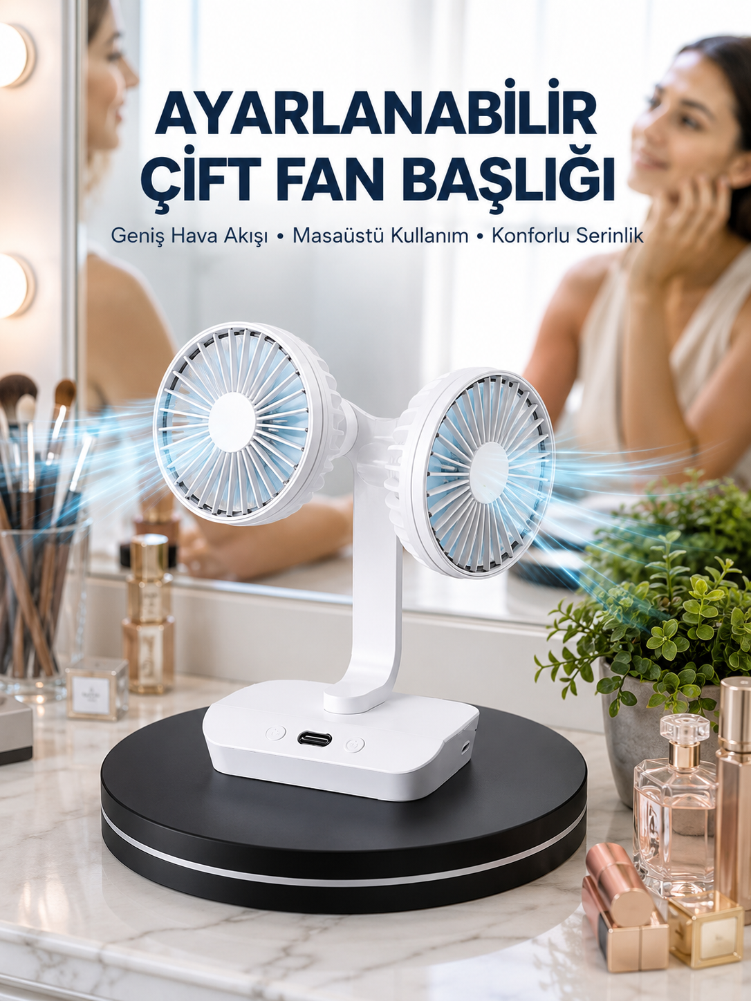Ayarlanabilir Hızlı Çift Başlıklı Masaüstü Fan – Gece Lambalı Serinletici - Lisinya