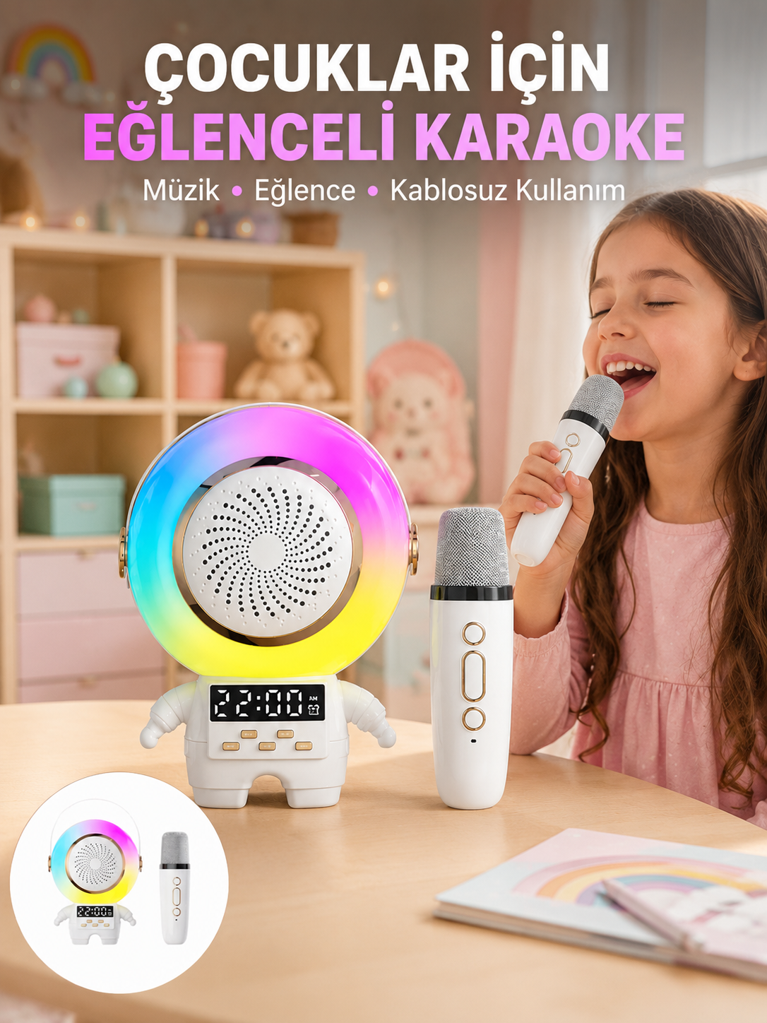Renkli Işıklı Astronot Mini Bluetooth Speaker ve Karaoke Mikrofon - Lisinya Renkli Işıklı Astronot Mini Bluetooth Speaker ve Karaoke Mikrofon - Lisinya