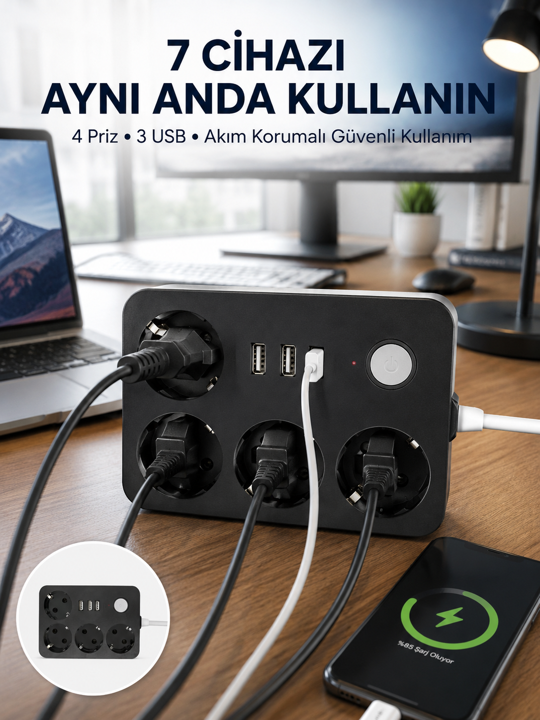 3 USB Çıkışlı 4’lü Akıllı Priz 2500W 2 Metre Kablo - Lisinya
