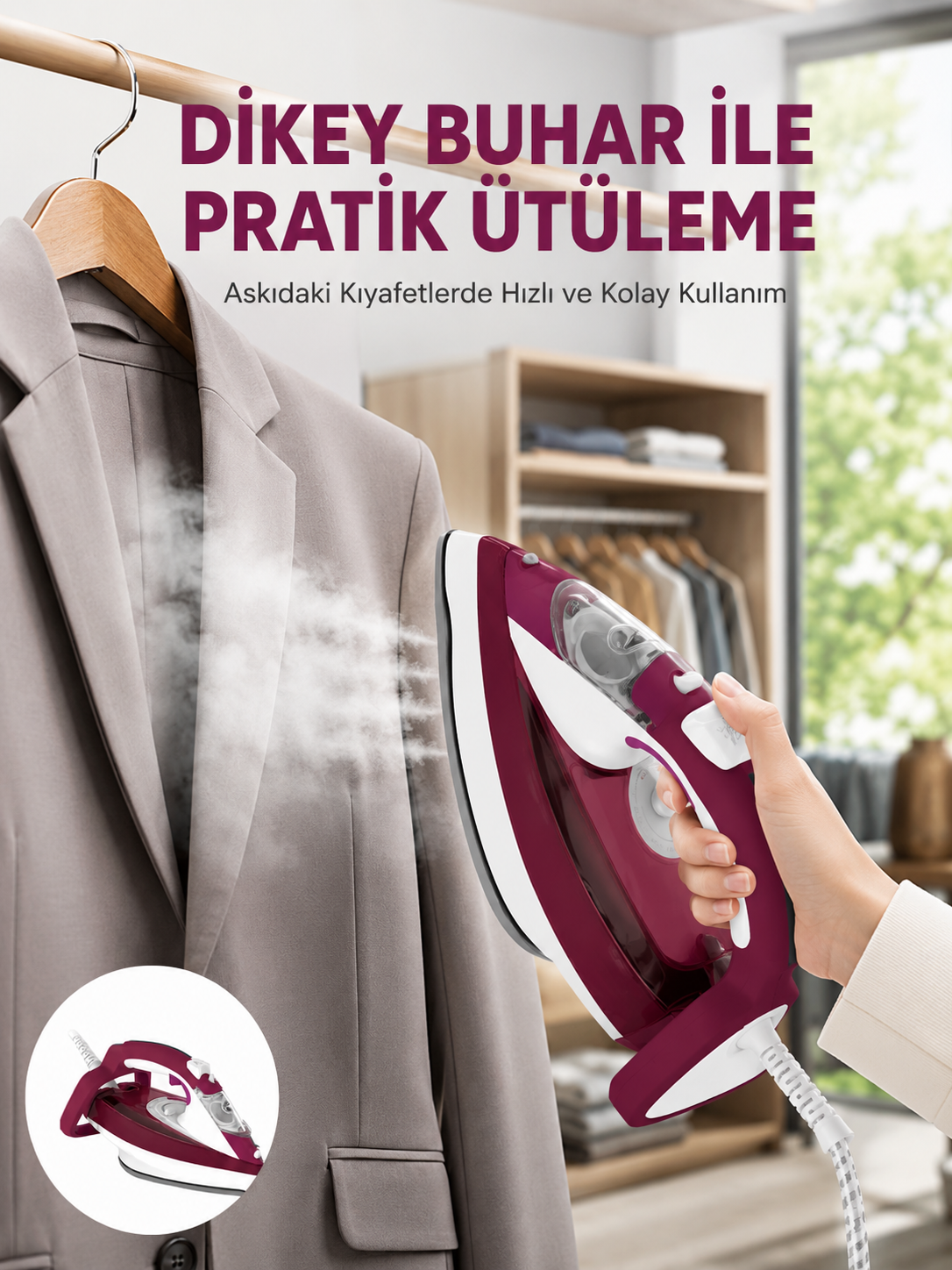 Yeni Nesil Kırmızı Buharlı Ütü 2200 Watt Seramik Tabanlı Yüksek Buhar Gücü - Lisinya
