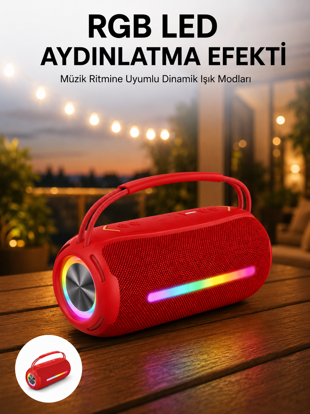 360 RGB LED'li Taşınabilir Bluetooth Hoparlör – Kırmızı, USB/TF Destekli - Lisinya
