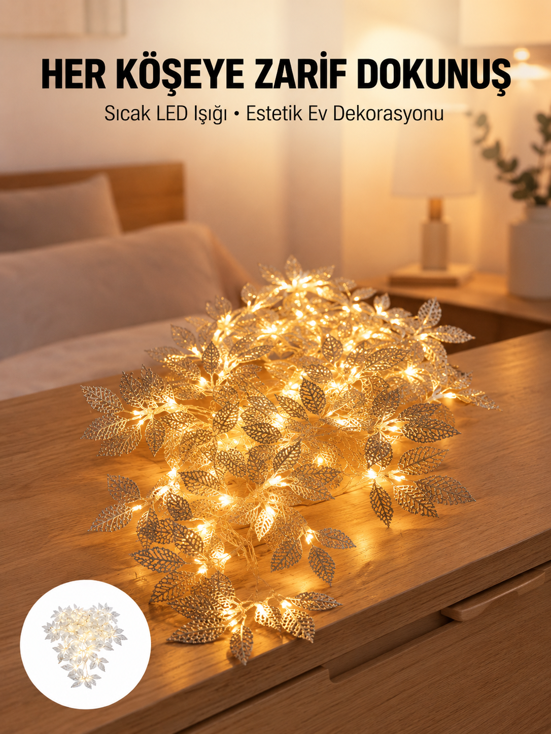Yaprak Şekilli Gümüş LED Işık Pilli Dekoratif Aydınlatma - Lisinya