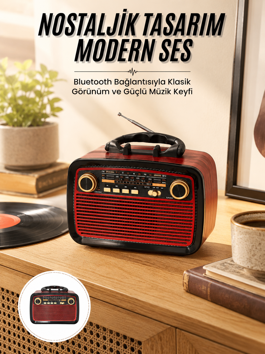 Nostalji Radyo Bluetooth Hoparlör USB-SD Kart Giriş Led Fener Işıklı Bataryalı Pilli Yeni Nesil - Lisinya