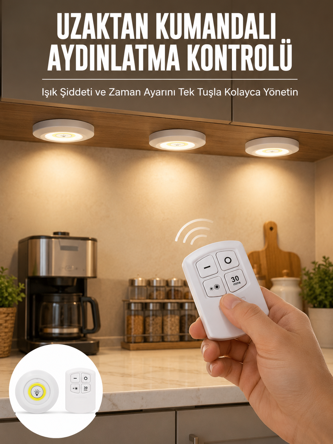 Spot Lamba Led Işık 3'lü Uzaktan Kumandalı Pilli Yapışkanlı Kablosuz Yeni Nesil - Lisinya