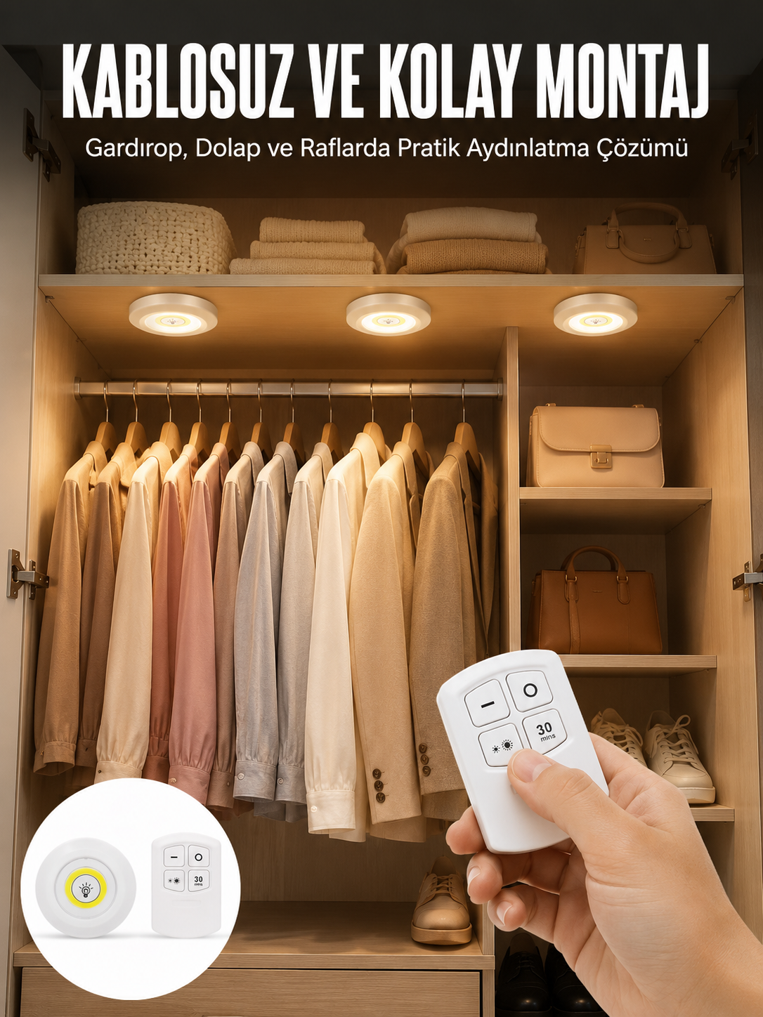 Led Lamba 3'lü Uzaktan Kumandalı Yapışkanlı Beyaz Işık (Kopya) - Lisinya