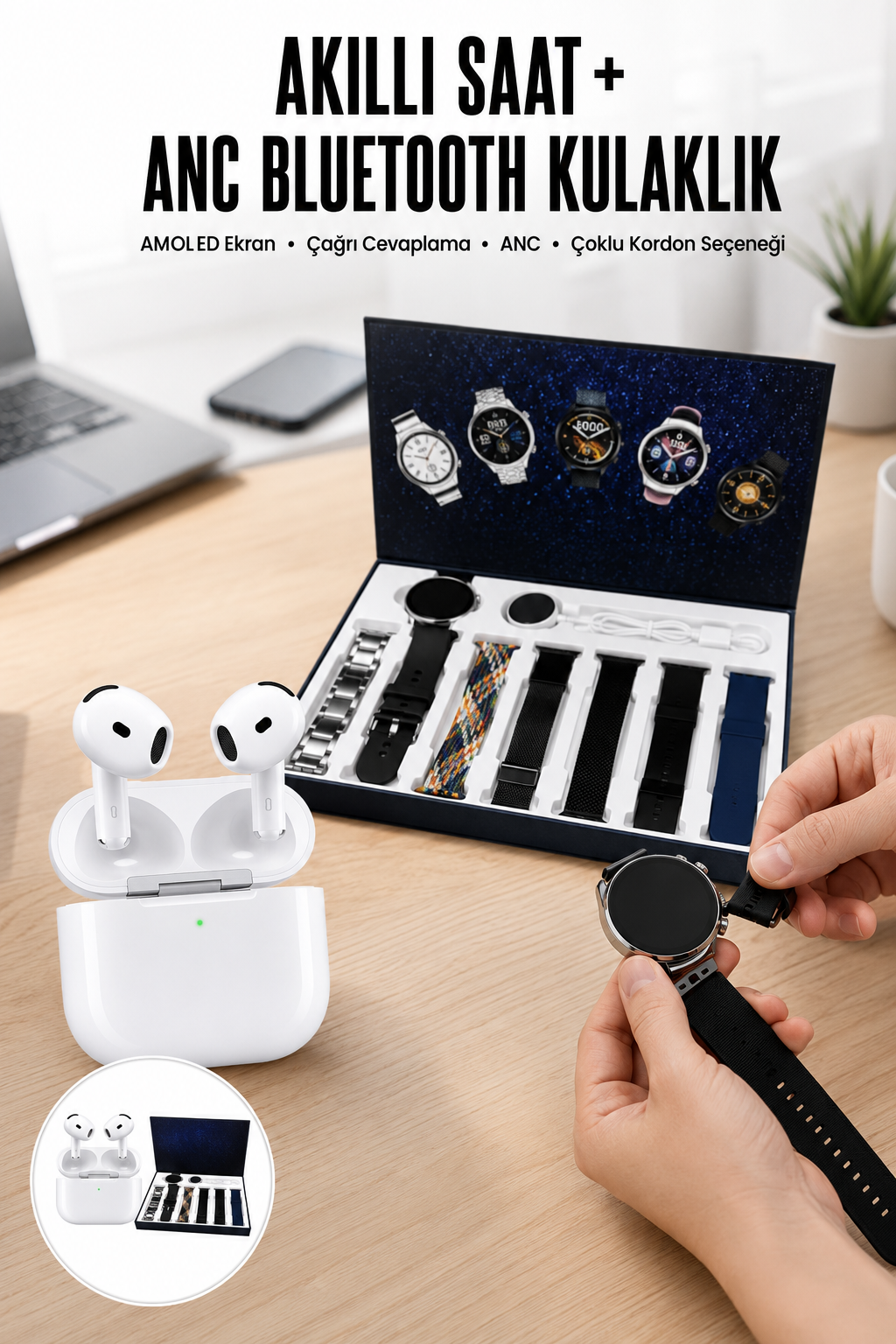 3.Nesil TWS Bluetooth Kulaklık Bluetooth Bağlantılı Akıllı Saat Amoled Ekran Plastik Hasır Kordon - Lisinya