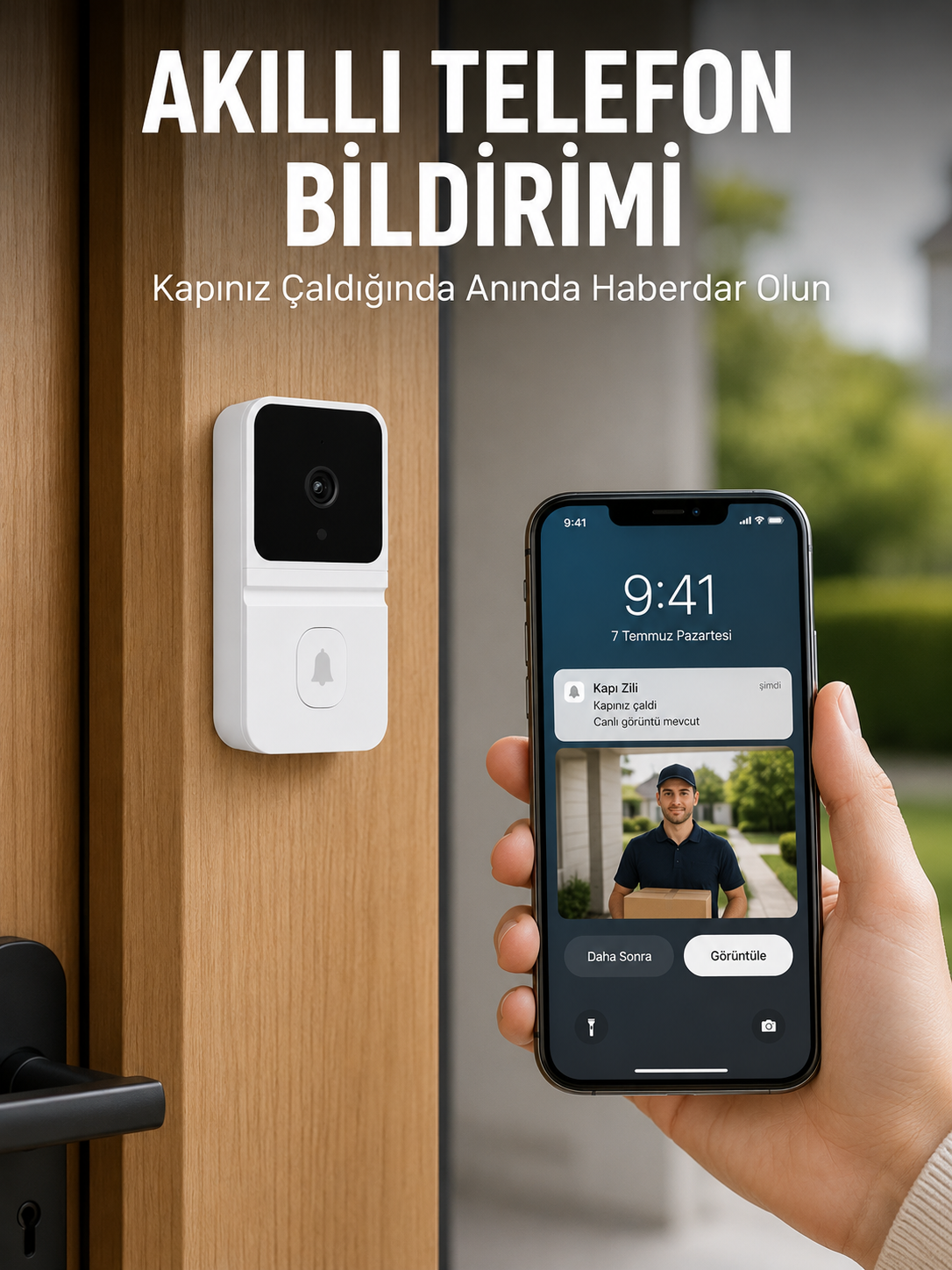 Beyaz Wi-Fi Akıllı Görüntülü Kapı Zili HD Kamera, Gece Görüşü ve Telefon Bildirimli Kablosuz Kapı Zili - Lisinya