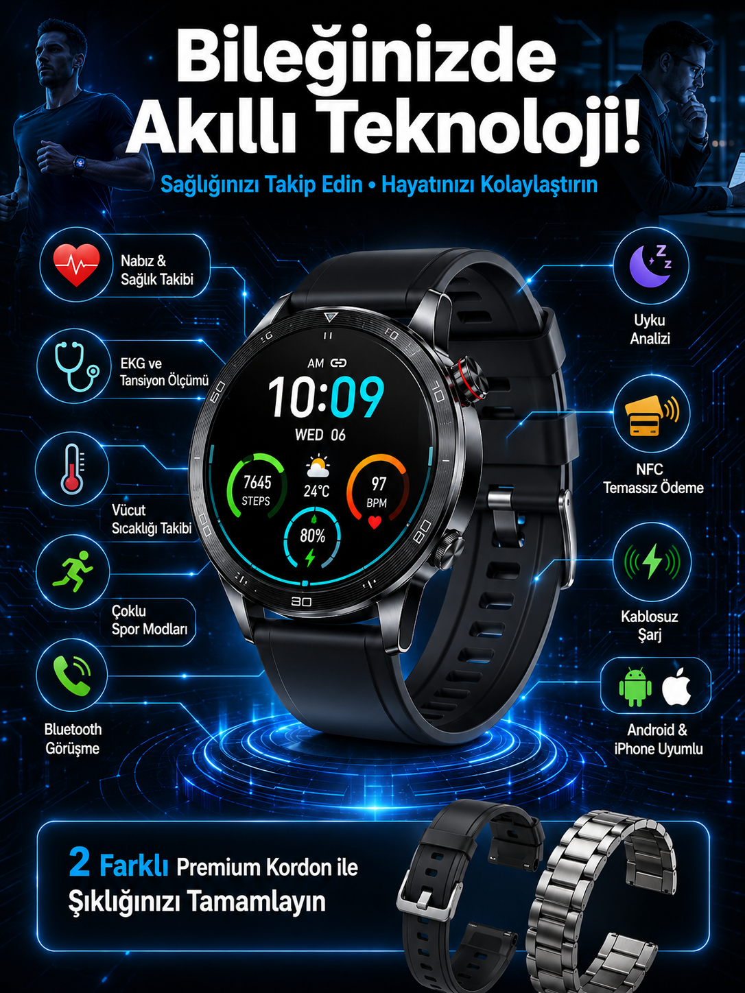 Çift Kordonlu Yüksek Çözünürlüklü Akıllı Saat Uyku İzleyici & Spor Modları - Lisinya
