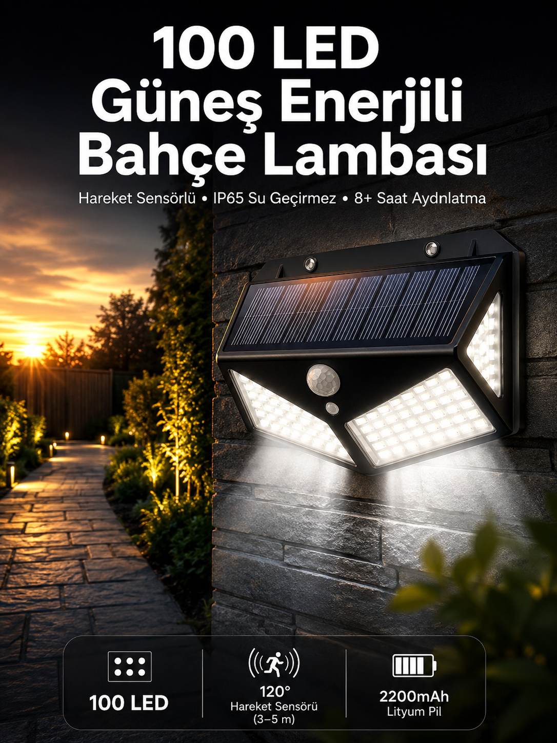 Solar Sensörlü Duvar Lambası Bahçe Lambası Parlak Beyaz Işık Suya Dayanıklı - Lisinya