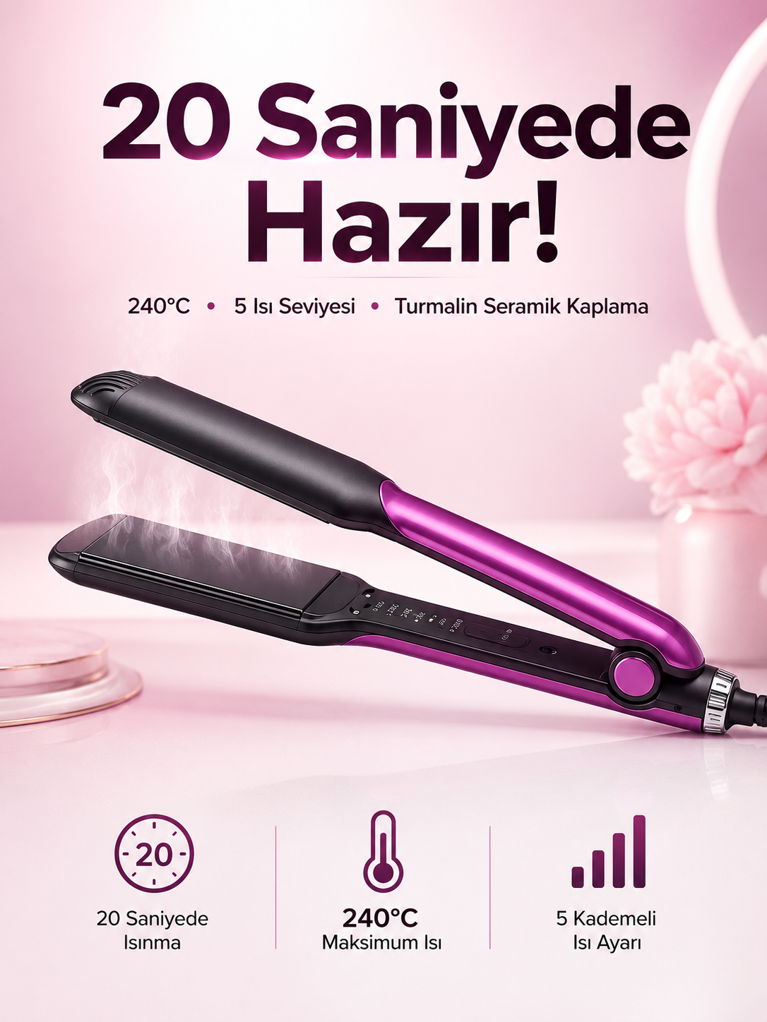 Saç Düzleştirici Isı Ayarlı Seramik Kaplama Döner Kablo Yıpranma Karşıtı - Lisinya