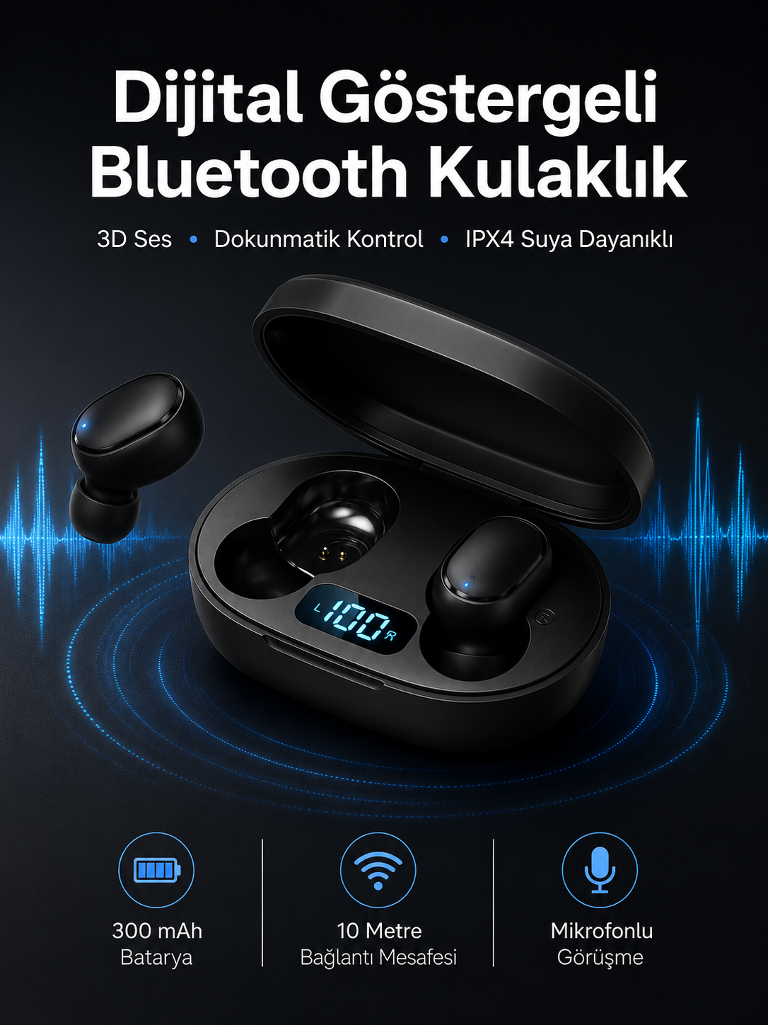 İkili Bluetooth Kulaklık Dijital Göstergeli Uzun Pil Ömrü Yüksek Ses Kaliteli Yeni Nesil - Lisinya