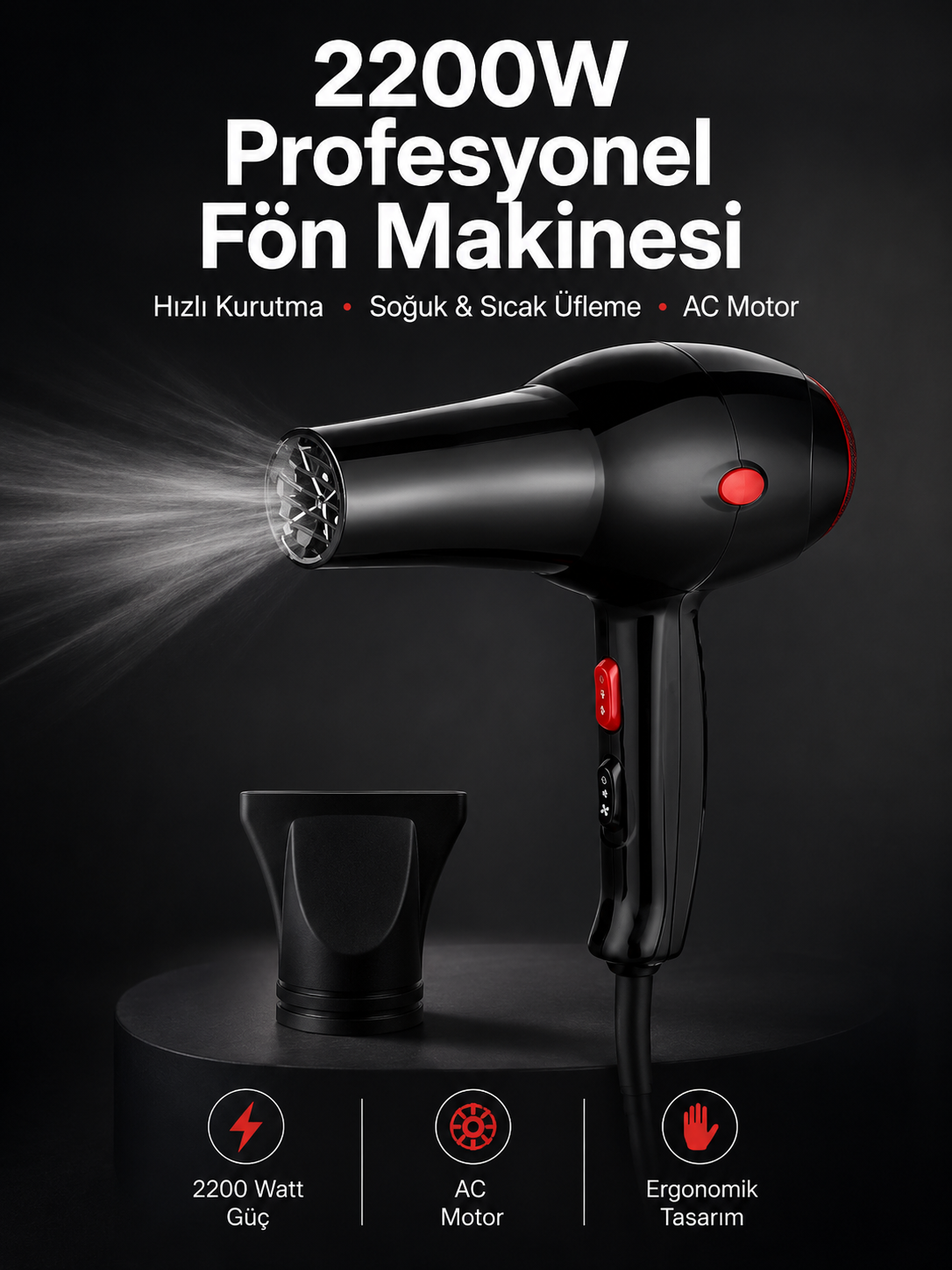 Tüm Saç Tiplerine Uygun, İki Kademeli Hız Ayarlı Fön Makinesi - Lisinya