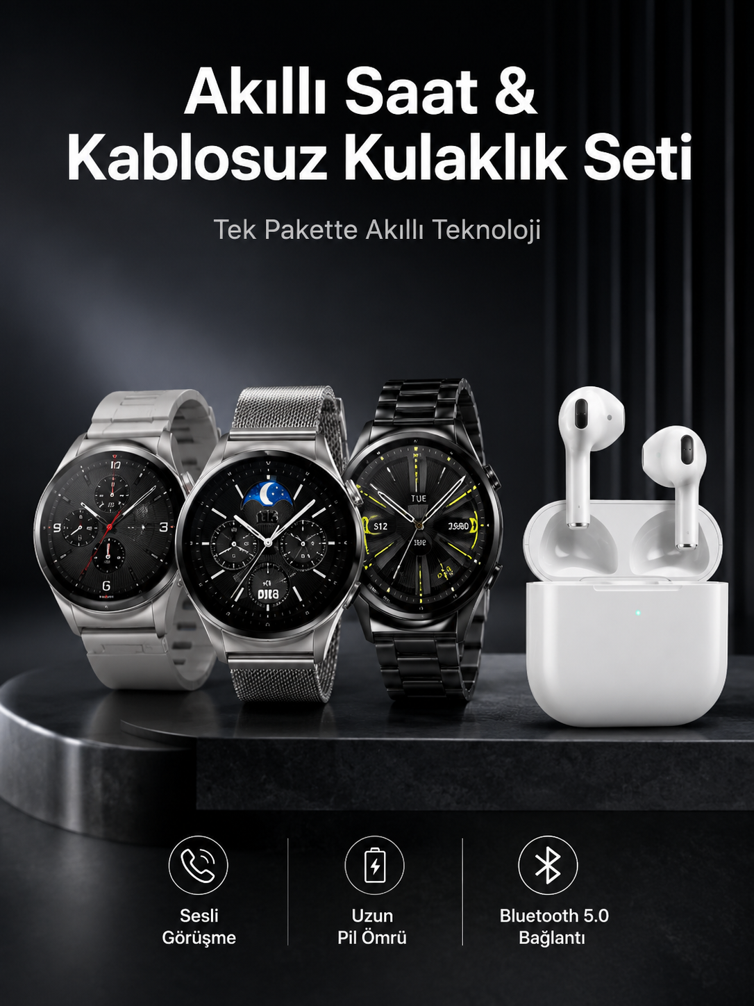 Akıllı Saat ve Kulaklık Seti Dokunmatik Ekran 5.0 Bluetooth Bağlantılı Sesli Görüşme - Lisinya