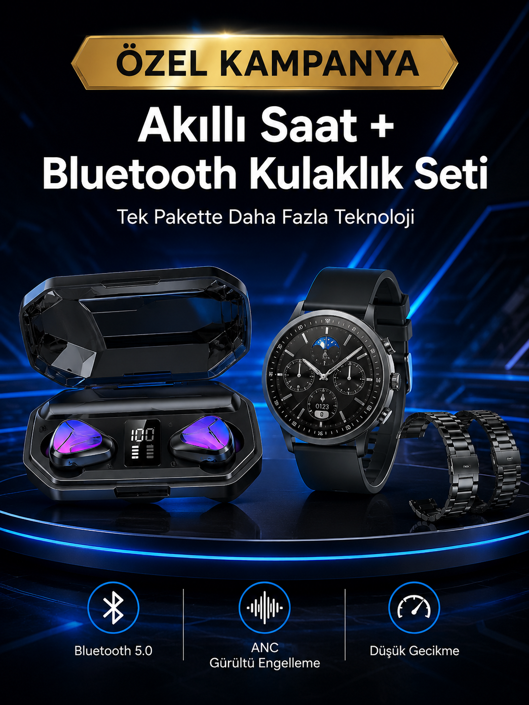 Yeni Nesil Kampanyası Bluetooth Bağlantılı Akıllı Saat ve Kablosuz Kulaklık Dijital Göstergeli - Lisinya