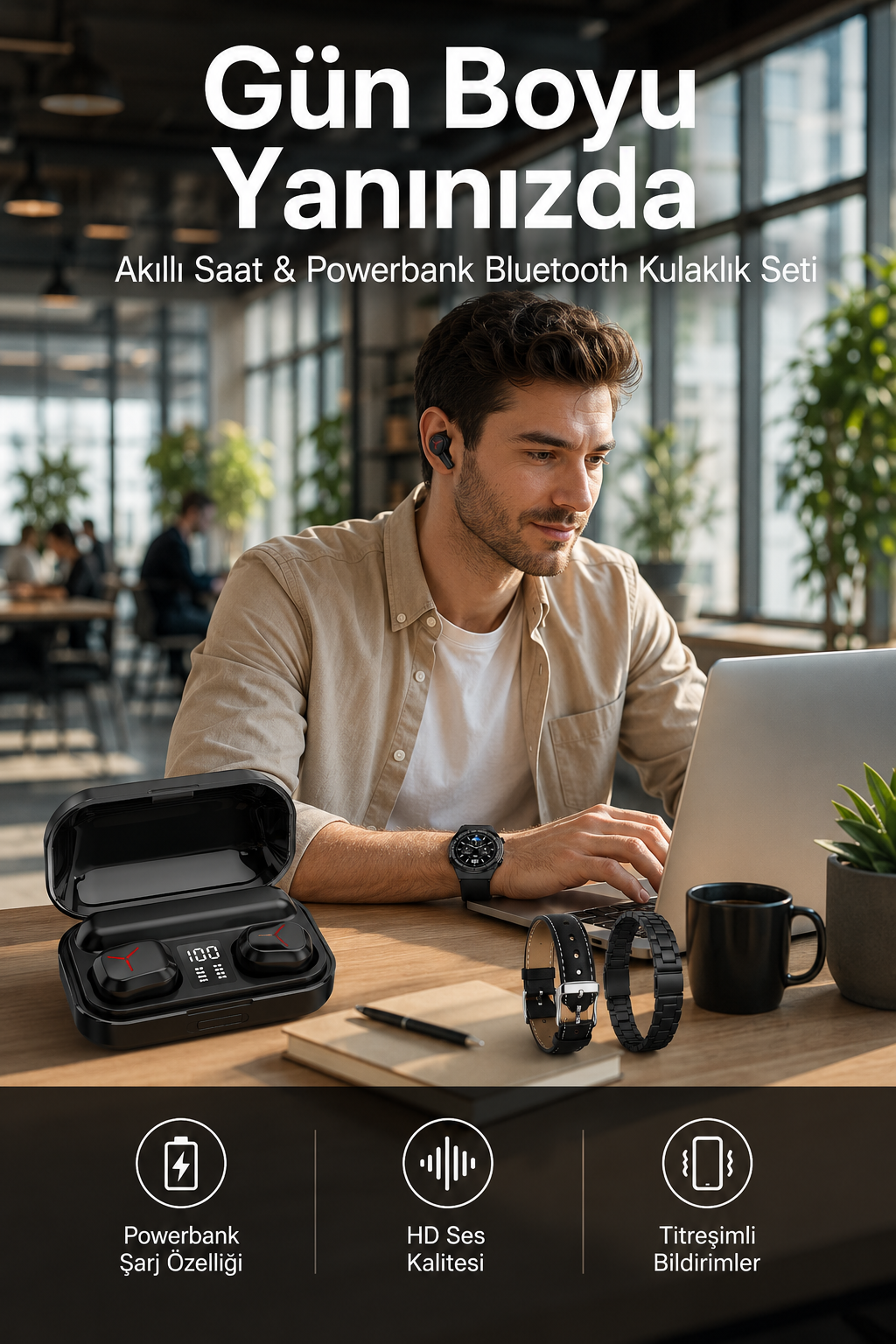 Ucuz Kaliteli Akıllı Saat ve Powerbank Bluetooth Kulaklık 5.1 Stereo ANC Özelliği - Lisinya