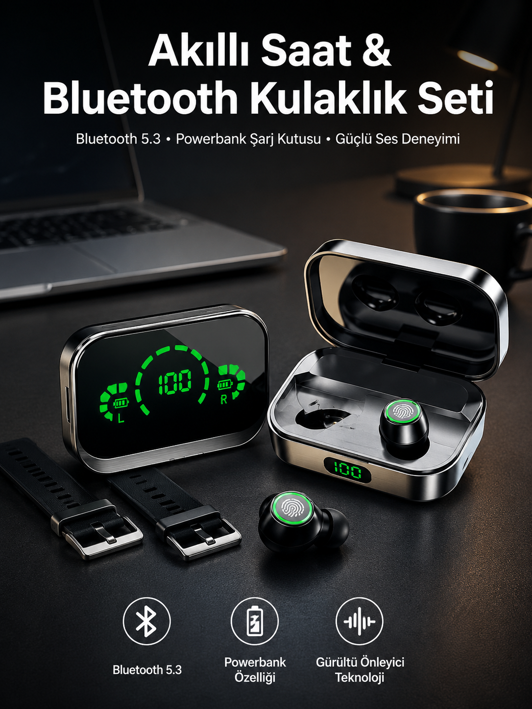 TWS Bluetooth Kulaklık ve Akıllı Saat Uyku Takibi Nabız Ölçer Uzun Pil Ömrü - Lisinya