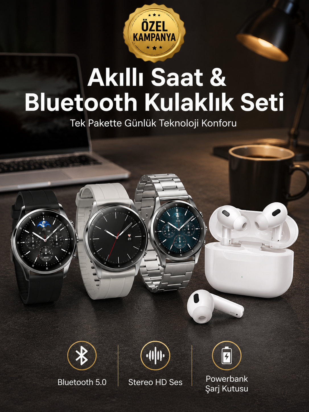 Aynalı Bluetooth Kulaklık Yeni Nesil Akıllı Saat Titreşimli Nabız Ölçer Spor Modları - Lisinya