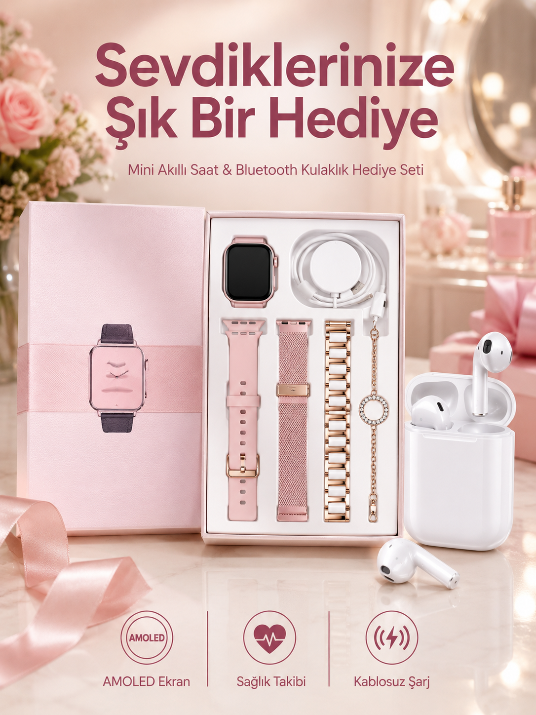 3 Kordonlu Dokunmatik Ekran Akıllı Saat ve 2.Nesil Kablosuz Bluetooth Kulaklık ANC/ENC - Lisinya