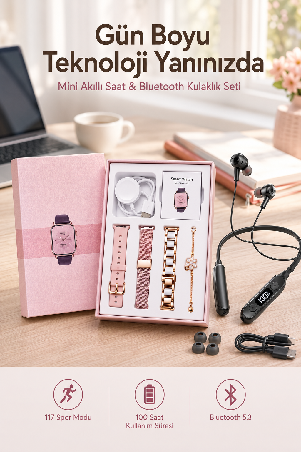 Kablolu Bluetooth Kulaklık ve Kadınlara Özel Bileklik Hediyeli Yeni Nesil Akıllı Saat 3 Kordonlu - Lisinya Kablolu Bluetooth Kulaklık ve Kadınlara Özel Bileklik Hediyeli Yeni Nesil Akıllı Saat 3 Kordonlu - Lisinya