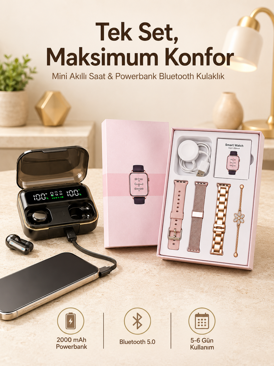 Bileklikli Amoled Ekran Akıllı Saat ve Dijital Göstergeli Kablosuz Bluetooth Kulaklık ANC/ ENC - Lisinya
