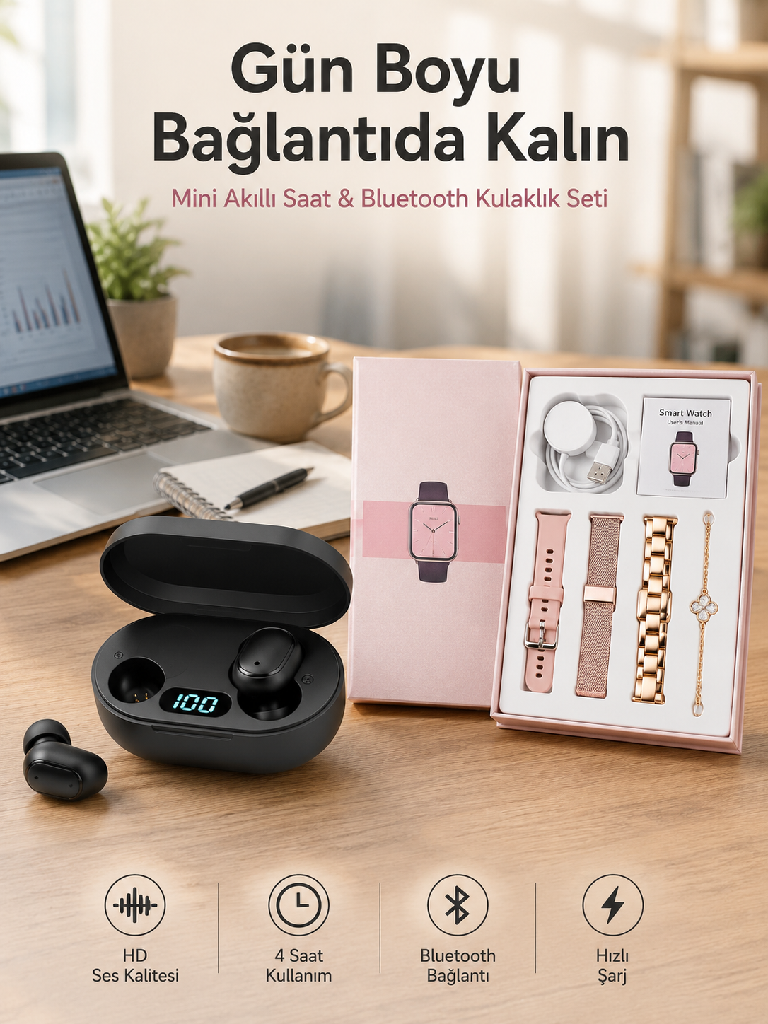 Nabız Ölçer Hediye Bileklikli Akıllı Saat ve Dijital Göstergeli Bluetooth Kulaklık Çoklu Şarj Girişi - Lisinya Nabız Ölçer Hediye Bileklikli Akıllı Saat ve Dijital Göstergeli Bluetooth Kulaklık Çoklu Şarj Girişi - Lisinya