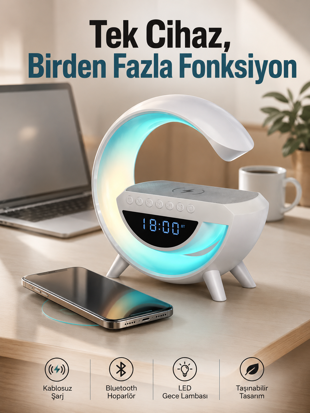 Android Uyumlu Akıllı Bluetooth Hoparlör Kablosuz Şarj Cihazı Standı - Lisinya