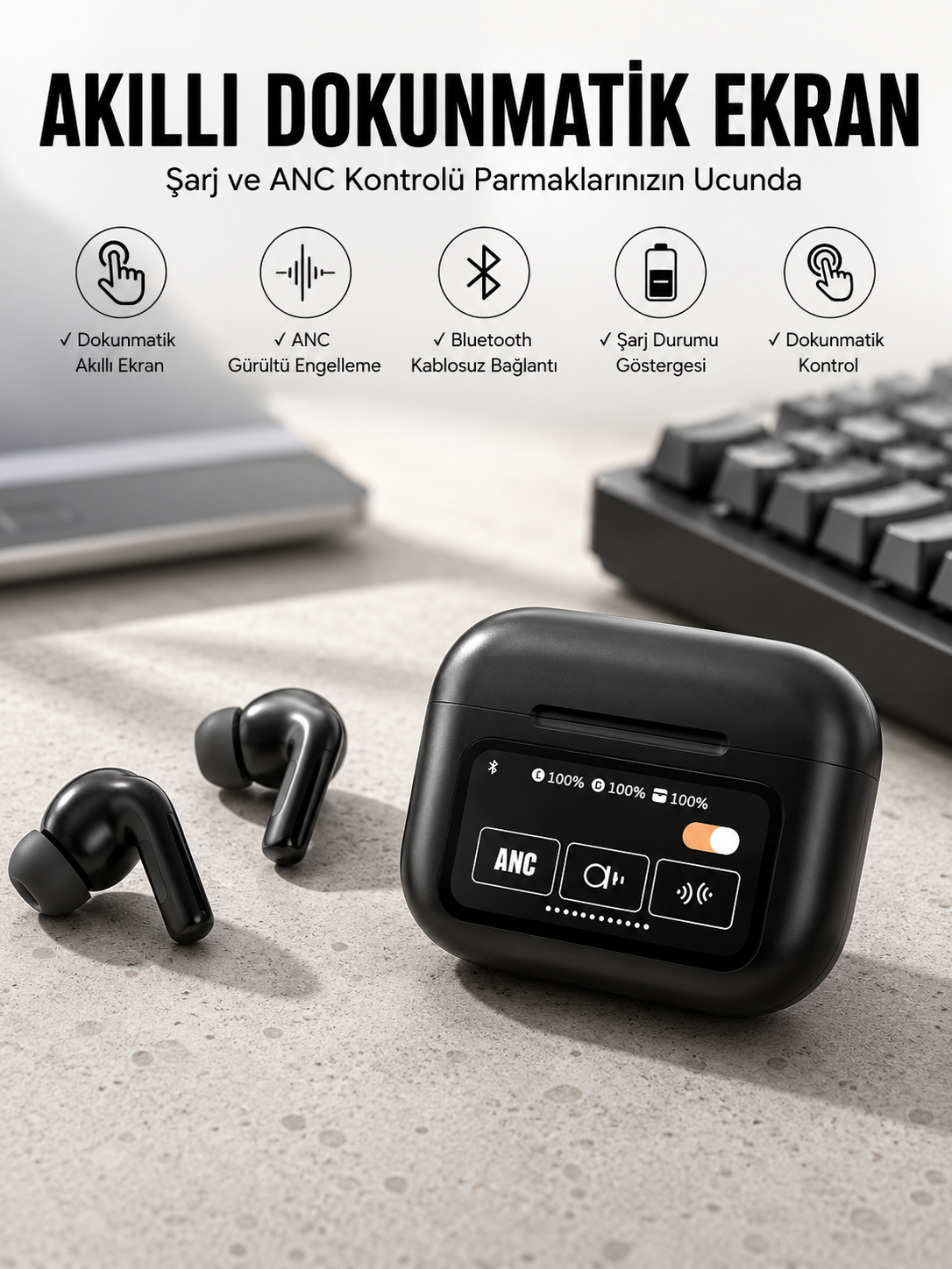 Kablosuz Bluetooth Kulaklık Ekranlı Uzun Şarj Süreli ANC Destekli - Lisinya