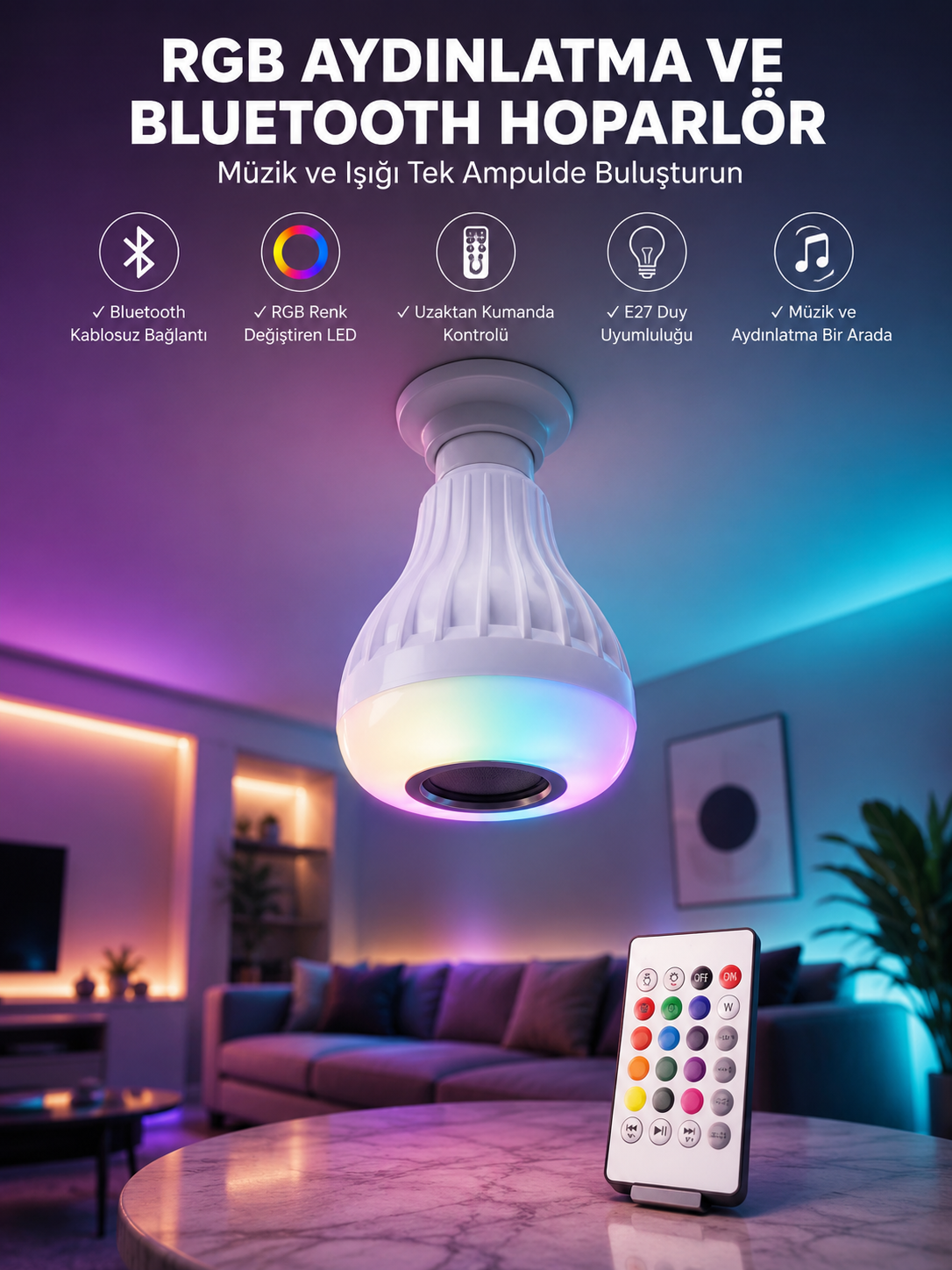 Kablosuz Bluetooth Hoparlör Led Lamba - Lisinya