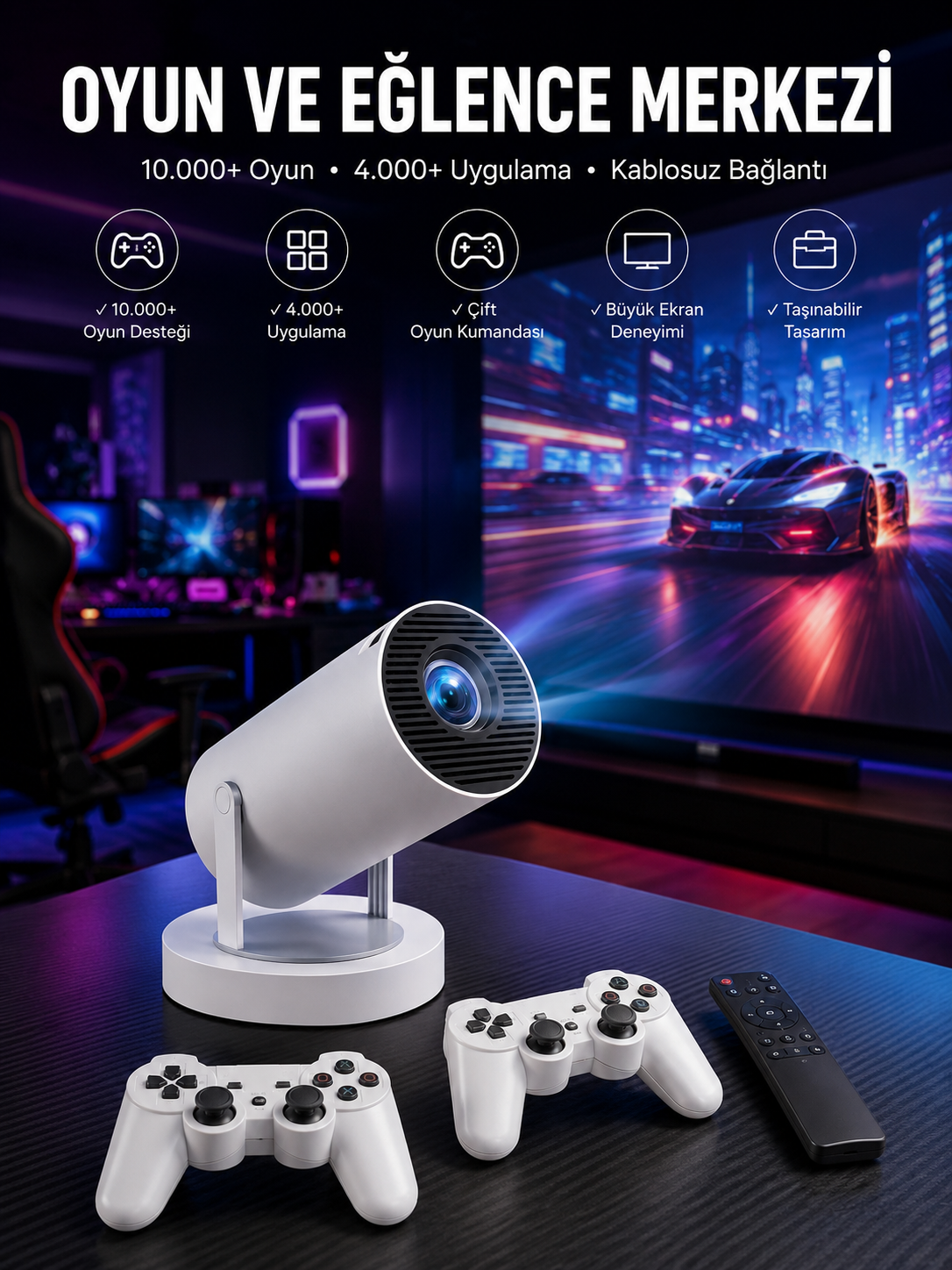 Projeksiyon Cihazı Video Oyun Konsolu Projektör Taşınabilir Ayaklı Çift Kollu 4K Çözünürlüklü - Lisinya
