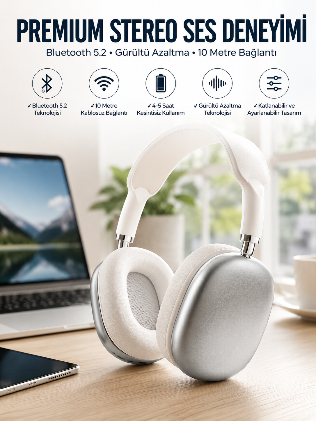 P9 Plus Kablosuz Kulak Üstü Bluetooth Kulaklık Beyaz Yüksek Ses Kaliteli - Lisinya