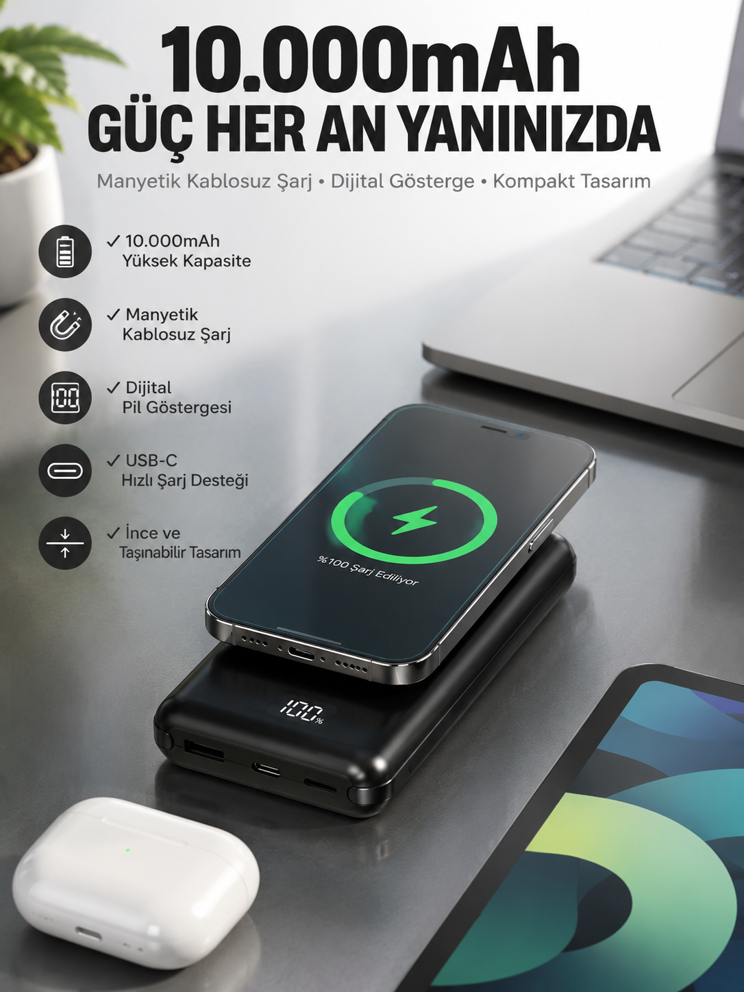 10.000 Mah Powerbank 4 Portlu Hızlı Şarj Dijital Göstergeli - Lisinya