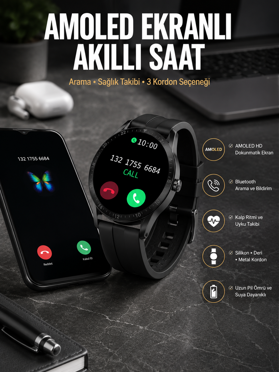 Akıllı Saat Amoled Ekran 3 Kordonlu NFC Ve GPS Uyumlu - Lisinya