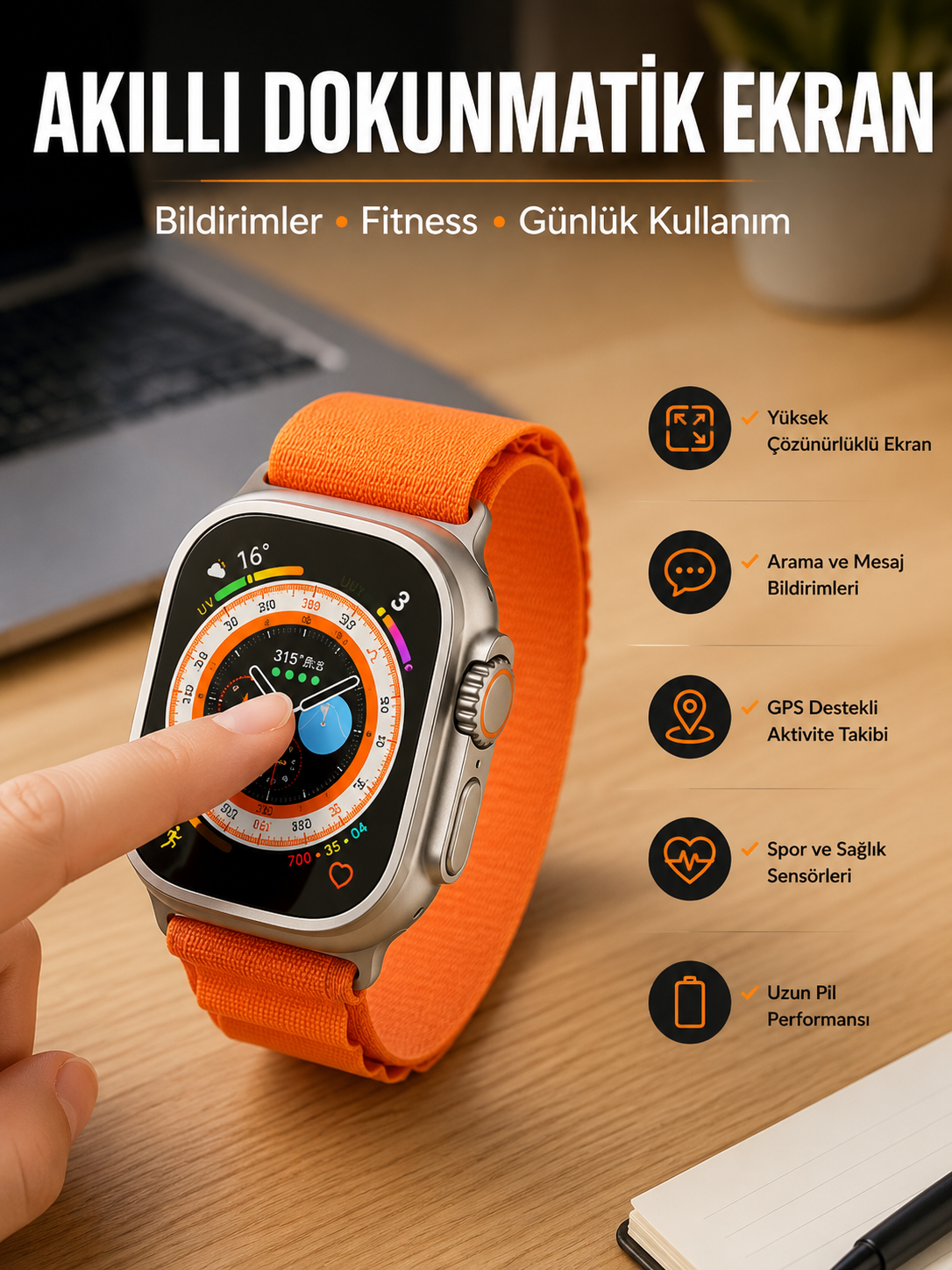 Akıllı Saat Uyku ve Spor Takibi Yeni Nesil Bluetooth Bağlantılı Amoled Ekran - Lisinya