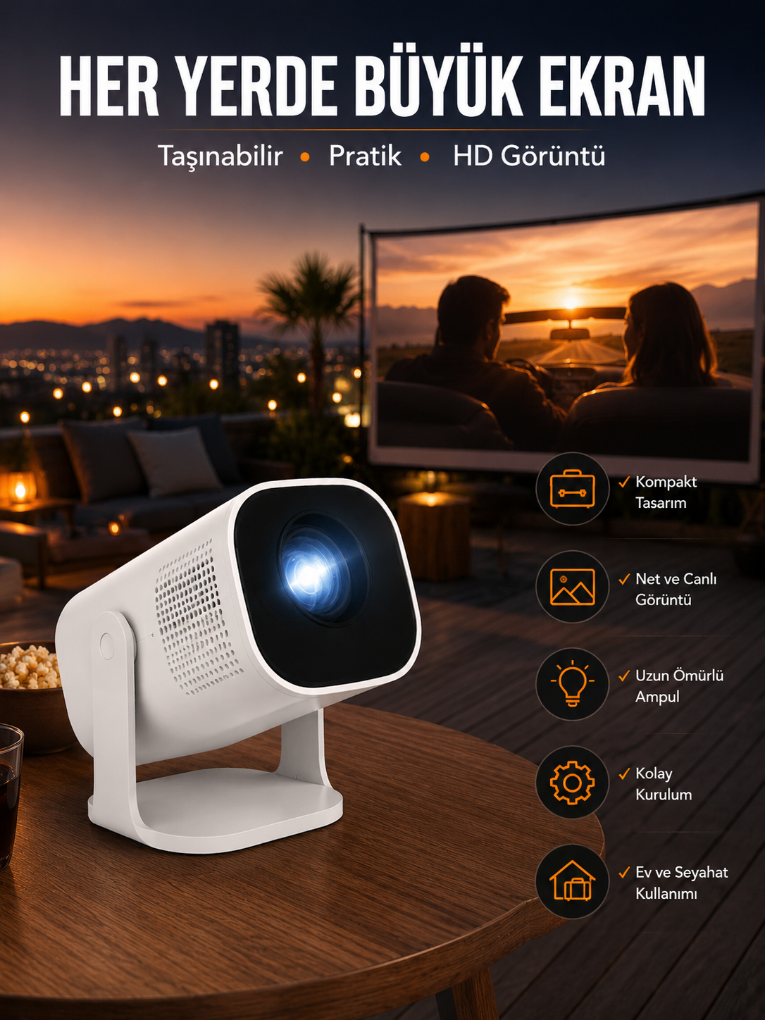 Akıllı Projeksiyon Powerbankli Taşınabilir Sinema Projektörü 4k HD Kaliteli Yeni Nesil - Lisinya