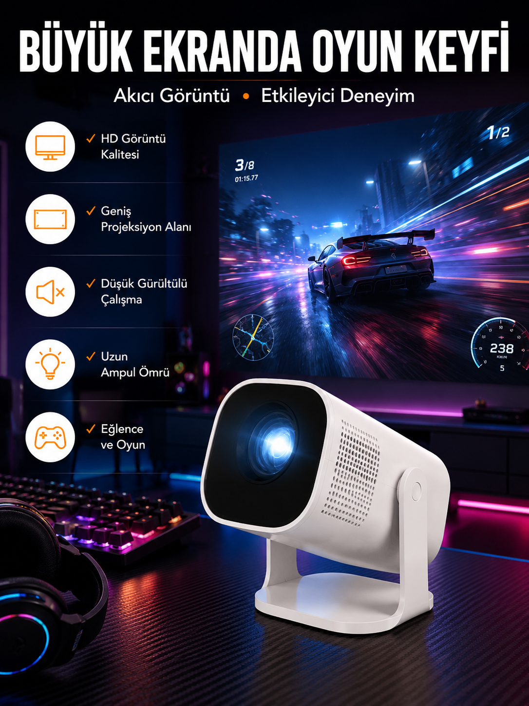 Şarjlı Projeksiyon Oyun Sinema Projektörü 4K HD Görüntü Kaliteli Yeni Nesil - Lisinya