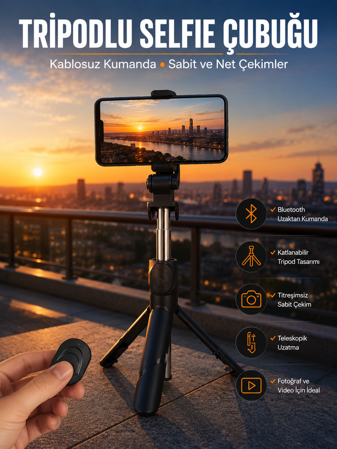 Selfie Çubuğu Tripod Kumandalı Telefon Tutucu Siyah - Lisinya Selfie Çubuğu Tripod Kumandalı Telefon Tutucu Siyah - Lisinya