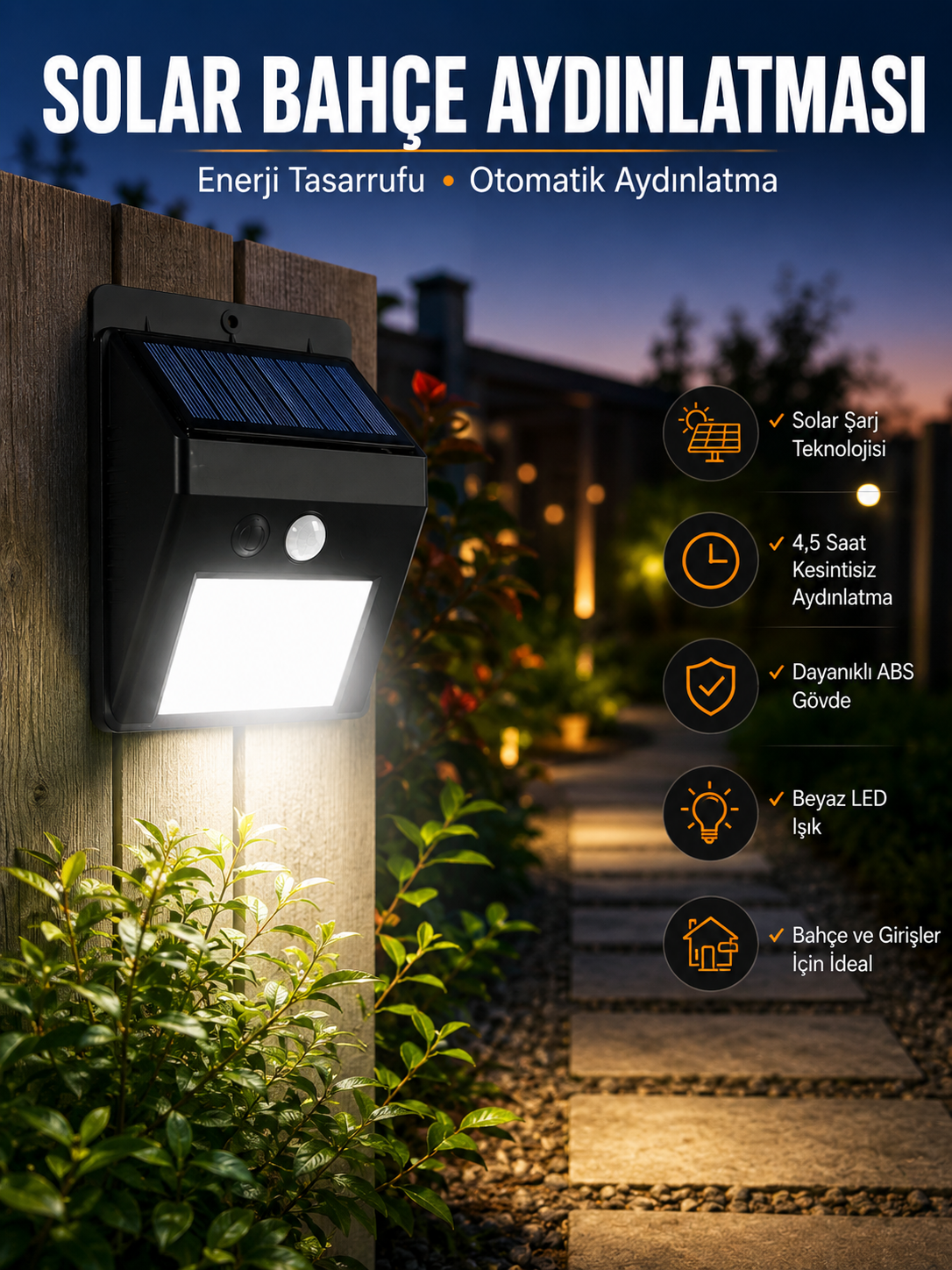 Solar Lamba Giriş, Bahçe Yol Avlu Hareket Sensörlü Led Parlak Gece Su Geçirmez - Lisinya