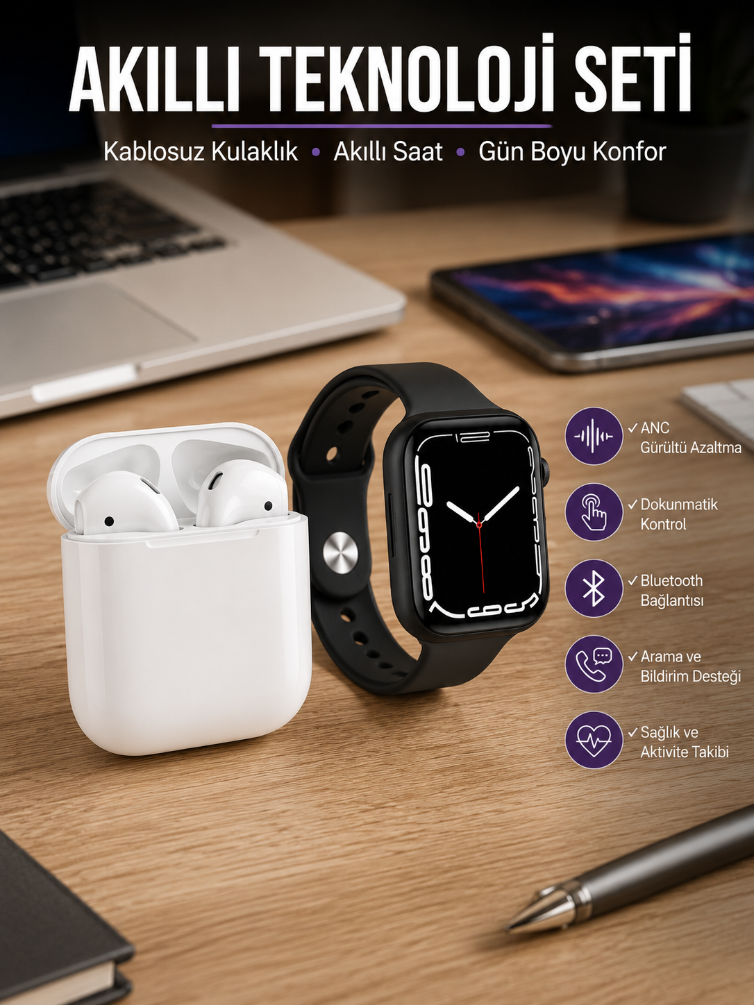 2025 Model Akıllı Saat ve 2.Nesil TWS Bluetooth Kulaklık ANC Özelliği Amoled Ekran - Lisinya