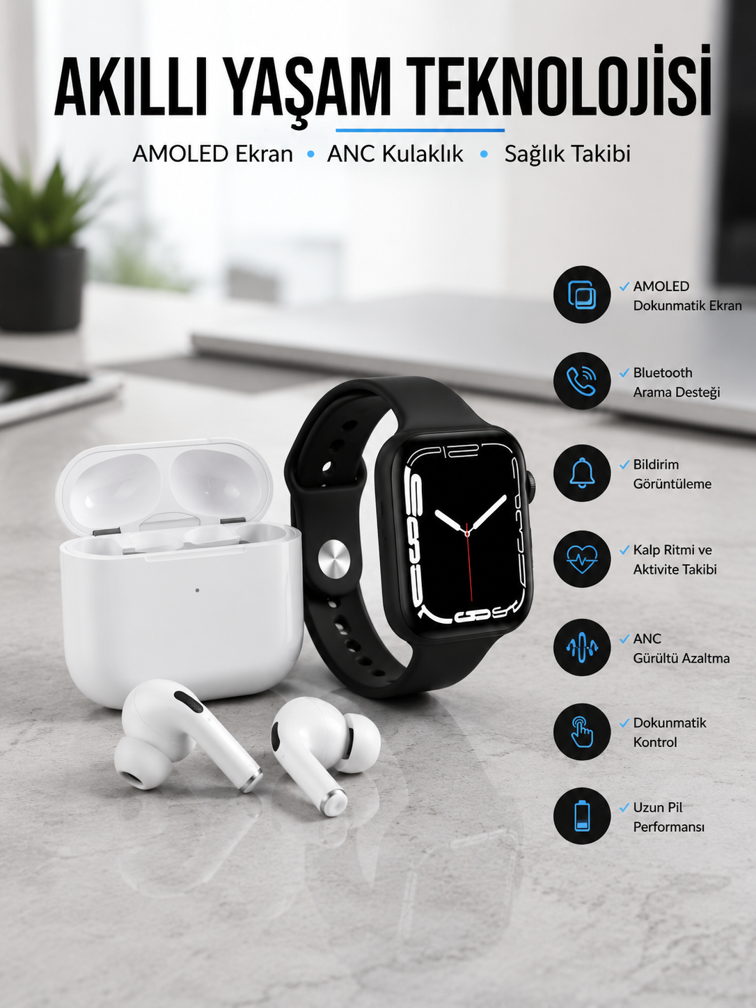 2025 Model Akıllı Saat ve Yeni Nesil Pro Bluetooth Kulaklık TWS Yüksek Ses Kaliteli - Lisinya