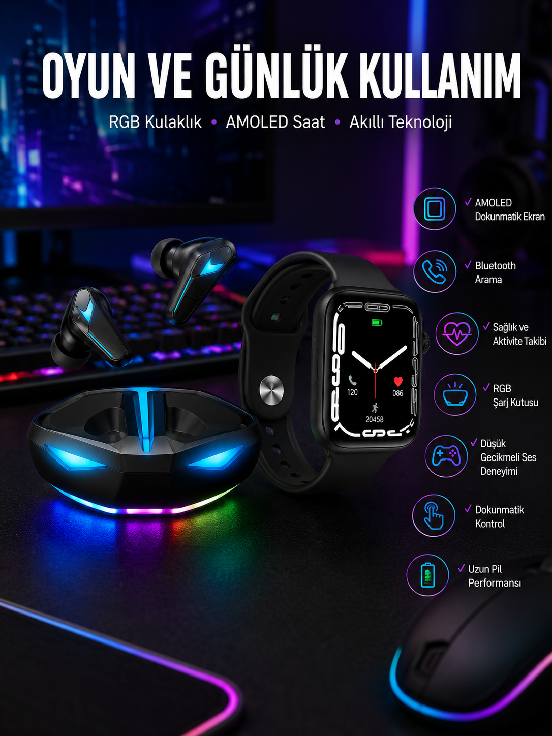 Yeni Nesil Akıllı Saat ve Kablosuz Kulaklık Kampanyası İkili Set Bluetooth Bağlantılı - Lisinya