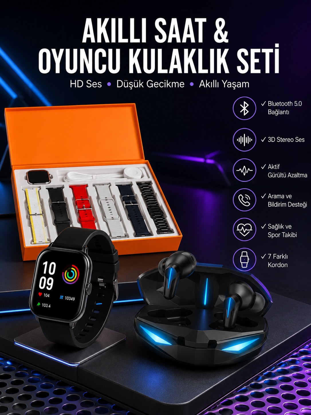 7 Kordonlu Akıllı Saat Ve Oyuncu Kulaklığı ANC Özelliği Kulak İçi Mikrofonlu Sesli Görüşme - Lisinya