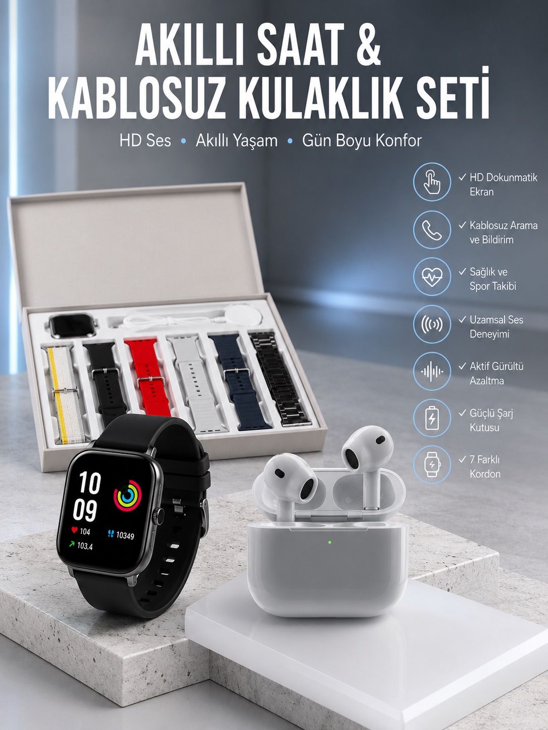 7 Kordonlu Akıllı Saat Ve 3.Nesil Kulaklık Dokunmatik Ekran Sesli Görüşme Yapabilen - Lisinya