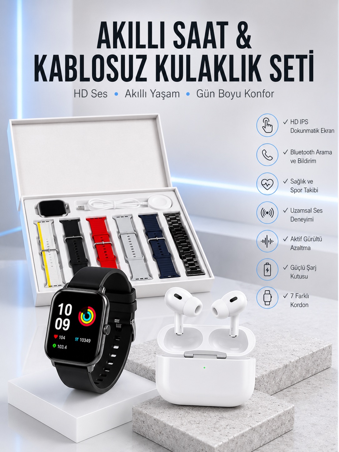 7 Kordonlu Akıllı Saat Ve Yeni Nesil Kulaklık Dokunmatik Ekran Android ve İOS Uyumlu - Lisinya