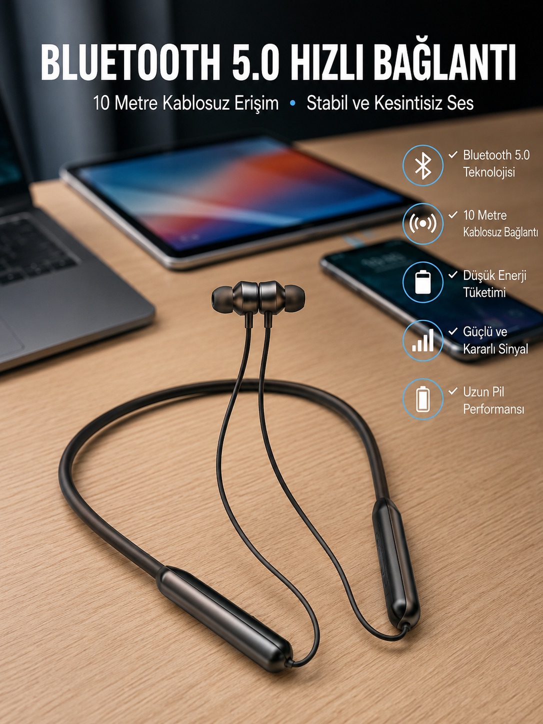 Dijital Göstergeli Kulak İçi Kablosuz Bluetooth Kulaklık Boyun Bantlı Yeni Nesil - Lisinya