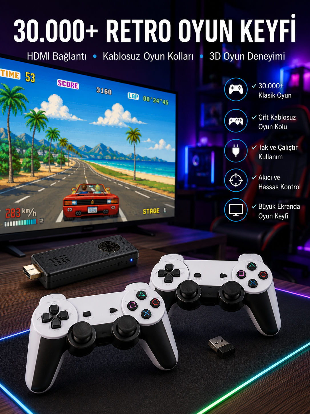 Joystick Çift Kollu Oyun Kolu Retro Oyun Yüksek Çözünürlüklü 3D Game Yeni Nesil - Lisinya