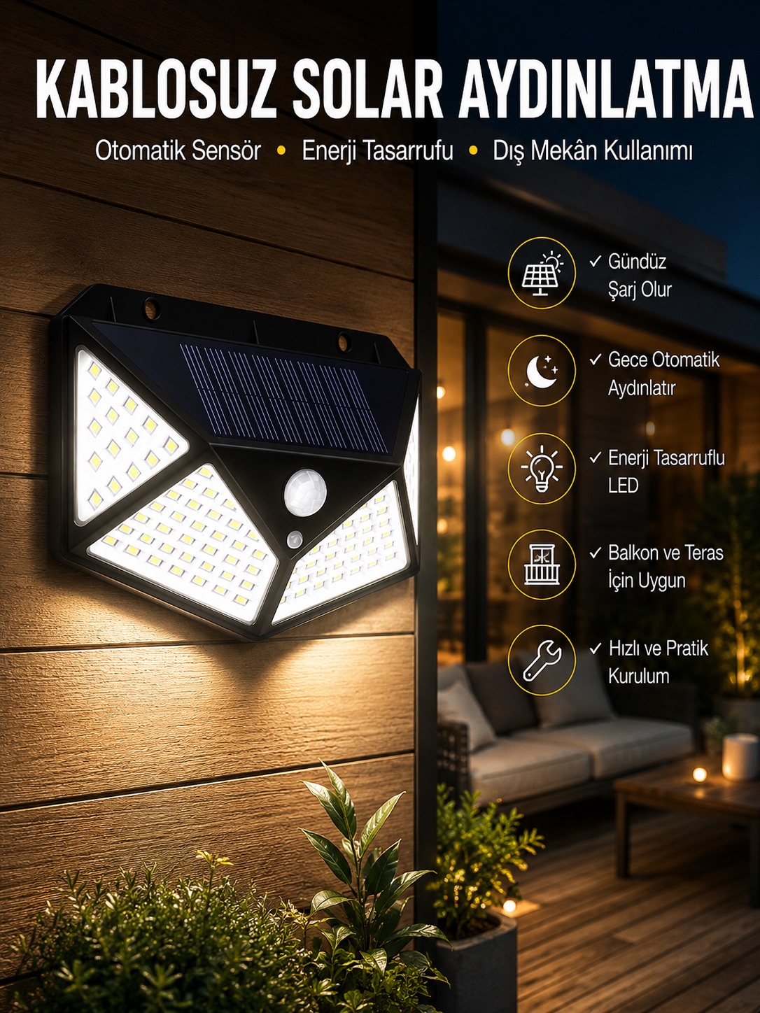 Güneş Enerjili Bahçe Aydınlatma Lambası Solar 100 Led Lamba - Lisinya