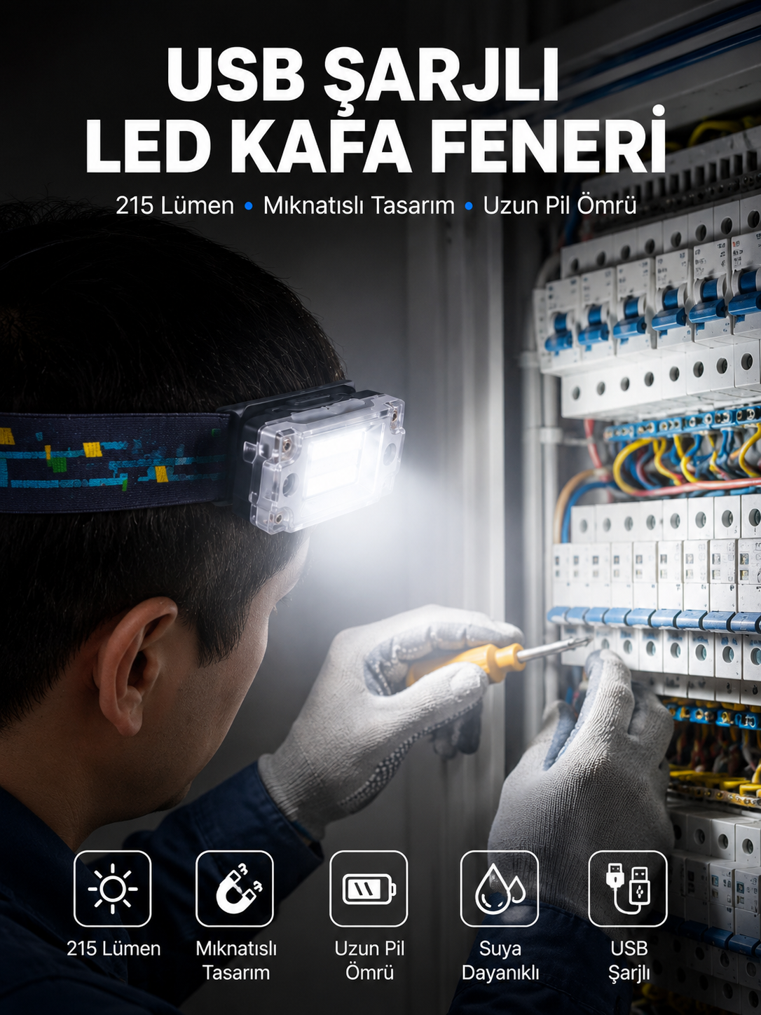 Kafa Lambası Led Fener Pratik Taşınabilir Ayarlanabilir USB Şarjlı - Lisinya