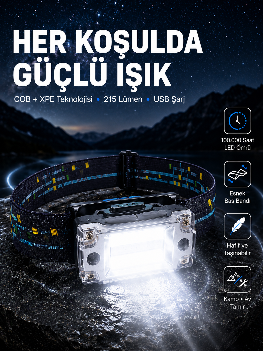USB Şarjlı Mini LED KAFA Feneri 50m Odak 150m Geniş Aydınlatma Yeni Nesil - Lisinya