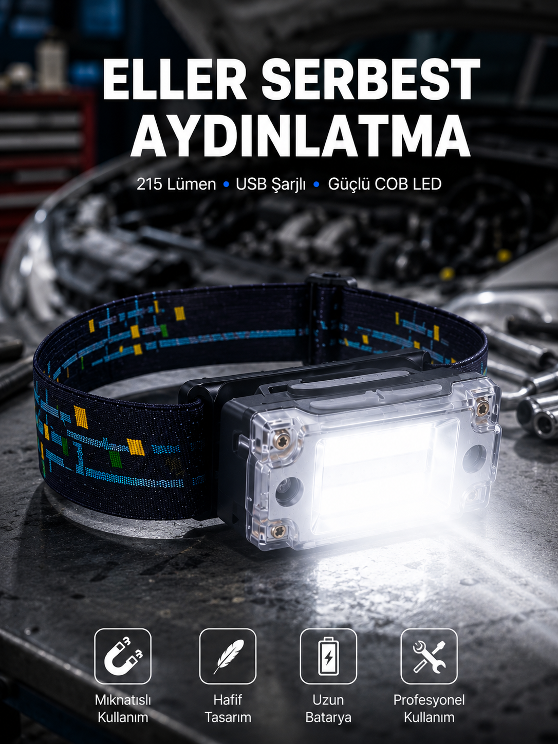 Kompakt LED Kafs Feneri USB Şarjlı Manyetik 2 Işık Modlu 215 Lümen Yeni Nesil - Lisinya
