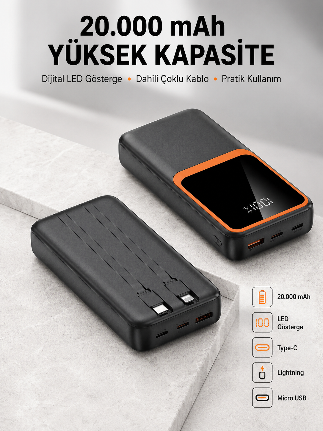 Dijital Ekranlı 20.000 mAh Powerbank | 22.5W Hızlı Şarj + Çoklu Bağlantı Seçeneği Yeni Nesil - Lisinya